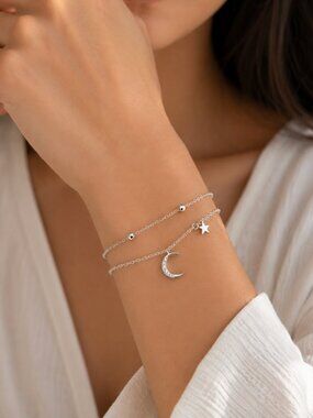925 Sterling Silver Multi-Layer Bracelet Dainty Moon and Star Bracelet